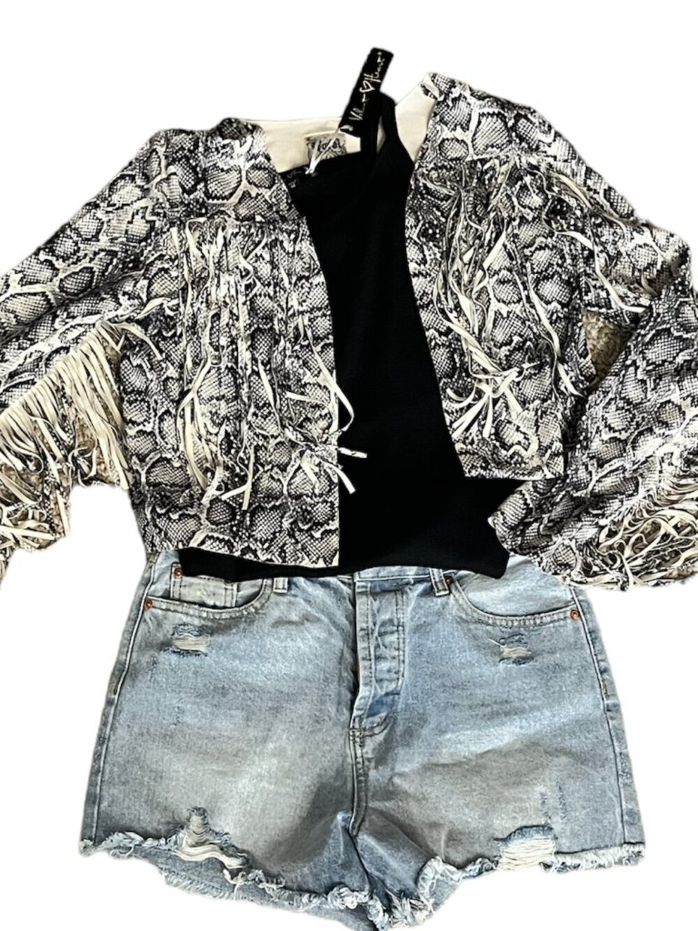 Vocal Apparel Open Front Cropped Vegan Suede Jacket with Long Fringe Snake Print